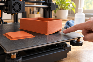 Maker pointing to a lifted corner on a terracotta 3D print beside a flat brimmed test piece