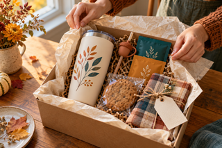 Maker arranging a cream leaf-pattern tumbler, sealed treats, tea, plaid cloth, and an acorn straw topper in a fall care package