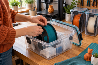 Maker securing a teal filament spool inside a clear sealed storage box with desiccant