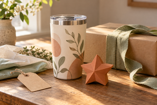 Cream botanical tumbler, terracotta 3D-printed star, blank kraft gift tag, and wrapped gift in warm window light