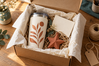 Open kraft gift box with layered tissue, a botanical tumbler, a 3D-printed star ornament, and a blank note card