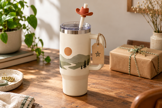 Cream tumbler with a terracotta 3D-printed cowboy-hat straw topper, kraft gift tag, and wrapped gift