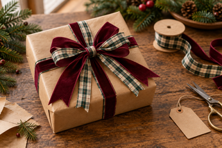 Hand-wrapped kraft paper gift finished with burgundy velvet and plaid layered ribbon bow