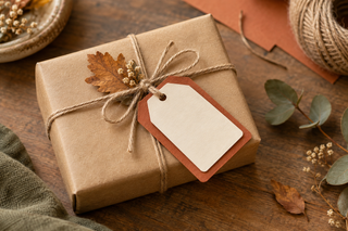 Handmade gift wrapped in kraft paper with a layered rust and cream paper gift tag