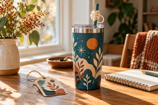 Personalized tumbler, straw topper, paper tag, and notebook arranged for a warm everyday morning ritual