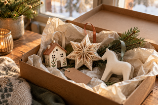 Handmade house, layered paper star, and 3D-printed horse ornaments resting in a keepsake box