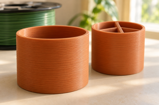 AI-generated illustration of filament-printed organizers with visible layer texture