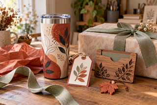 Finished handmade gifts with subtle paper, wood, and 3D-printed texture arranged in a warm maker studio