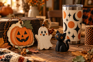 Vintage-inspired handmade Halloween crafts including a layered pumpkin tag, wooden ghost, black cat charm, and retro tumbler