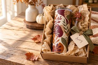 Personalized fall tumbler gift with a 3D-printed straw topper, reusable ribbon, and name tag