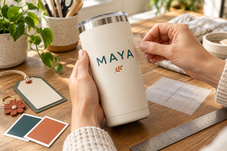 Maker aligning the name Maya on a cream tumbler with generous blank space and a small leaf accent