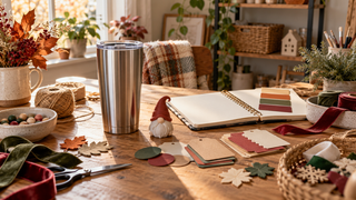 Warm October craft table with a tumbler, gift tags, ribbon, color swatches, and an open planning notebook