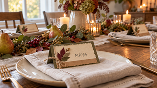 Handmade layered Thanksgiving place card reading Maya at a warm autumn table