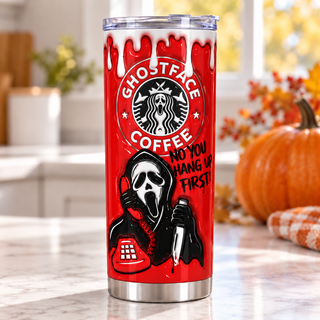 Screaming-mask coffee parody — one tumbler in kitchen setting