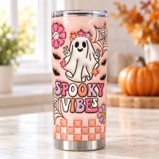 Spooky Vibes ghost — one tumbler in kitchen setting