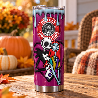Deadly Nightshade skeleton and patchwork couple — one tumbler in porch setting