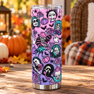 Horror portraits and roses on purple — one tumbler in porch setting