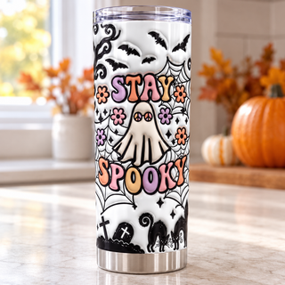 Stay Spooky ghost and flowers — one tumbler in kitchen setting