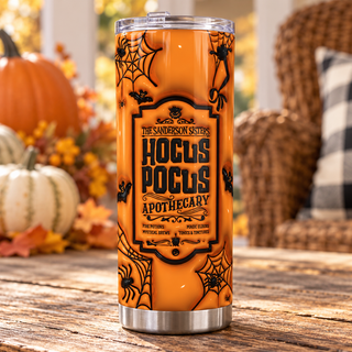 Witch Apothecary orange design — one tumbler in porch setting