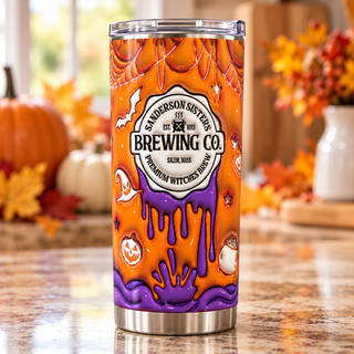 Witch Brewing orange-purple spiderwebs — one tumbler in kitchen setting