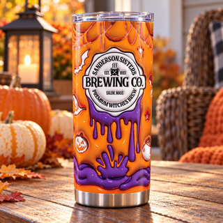 Witch Brewing orange-purple spiderwebs — one tumbler in porch setting