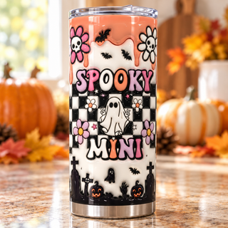 Spooky Mini: ghost and checkerboard — one tumbler in kitchen setting