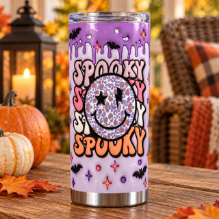 Spooky repeated lettering with leopard smiley — one tumbler in porch setting