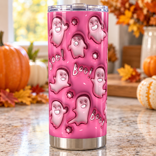 Pink ghosts with Boo — one tumbler in kitchen setting