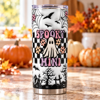 Spooky Mini: ghost, checkerboard and graveyard — one tumbler in kitchen setting
