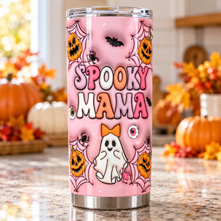 Spooky Mama: witch-hat ghost and pumpkins — one tumbler in kitchen setting