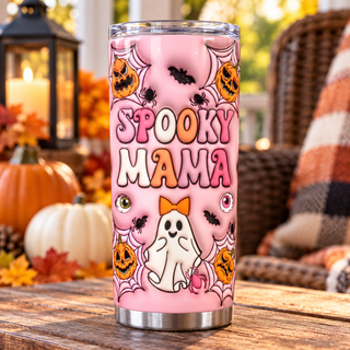 Spooky Mama: witch-hat ghost and pumpkins — one tumbler in porch setting