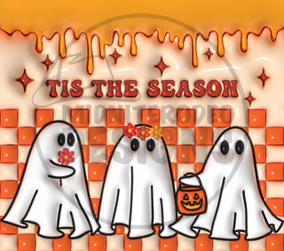 Tis the Season: ghosts on orange checkerboard — full flat artwork preview with MidniteRodeo Designs watermark
