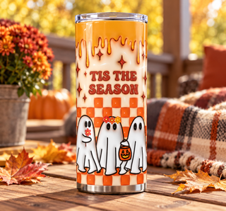 Tis the Season: ghosts on orange checkerboard — porch lifestyle mockup