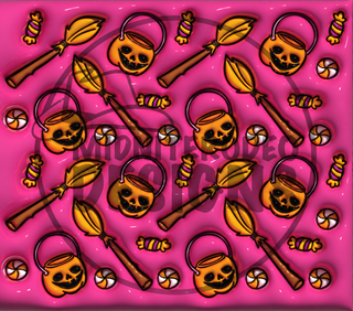 Pumpkin buckets, brooms and candy on pink — watermarked full artwork