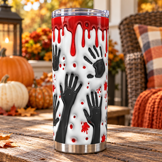 Bloody handprints on white — one tumbler in porch setting