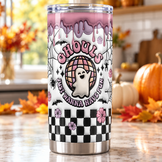 Ghouls Just Wanna Have Fun: disco-ball ghost — one tumbler in kitchen setting