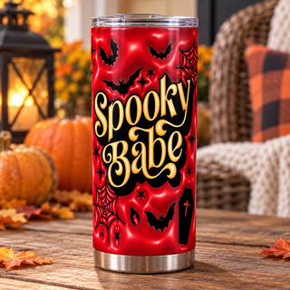 Spooky Babe: gold lettering on red-black — one tumbler in porch setting