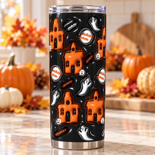Haunted houses, ghosts and mouths on black — one tumbler in kitchen setting