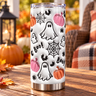 Ghosts, pink pumpkins and webs — one tumbler in porch setting