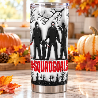 Squadgoals: masked horror characters — one tumbler in kitchen setting