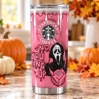 Screaming-Mask Character coffee parody: No You Hang Up on pink — one tumbler in kitchen setting
