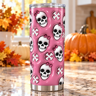 Skulls with pink bows and crossbones — one tumbler in kitchen setting