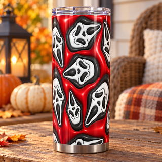 Black Screaming-Mask Character mask pattern on red — one tumbler in porch setting