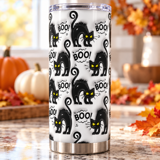 Black cats and Boo on white — one tumbler in kitchen setting
