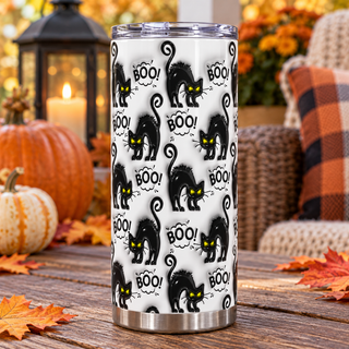 Black cats and Boo on white — one tumbler in porch setting