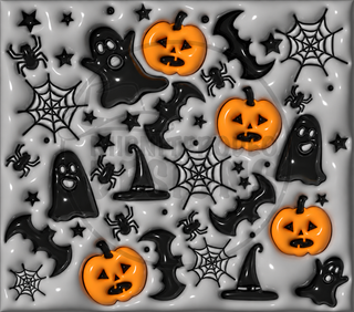 Ghosts, jack-o-lanterns and witch hats on gray — watermarked full artwork
