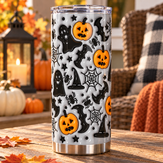 Ghosts, jack-o-lanterns and witch hats on gray — one tumbler in porch setting