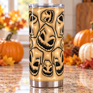 Burlap Creature faces on tan — one tumbler in kitchen setting