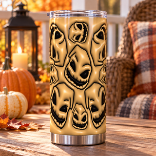 Burlap Creature faces on tan — one tumbler in porch setting