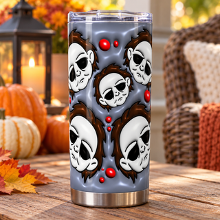 Pale-Masked Character face pattern on blue-gray — one tumbler in porch setting